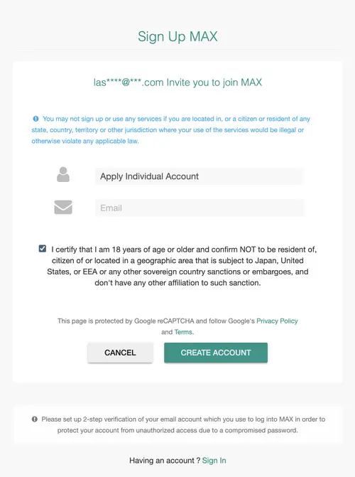 MAX sign up: individual account and email